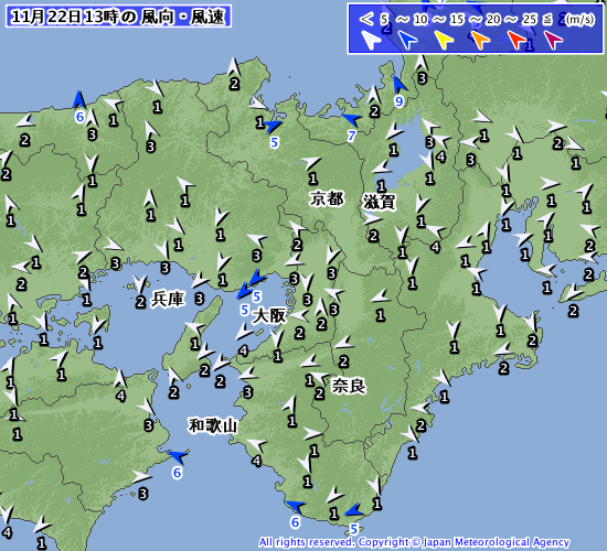 兵庫県南部に北東風